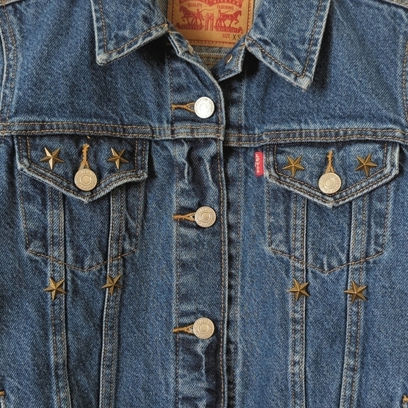 Levi's Classic Star Studded Dark Wash Long Sleeve Denim Jean Trucker Jacket XS - Picture 7 of 16